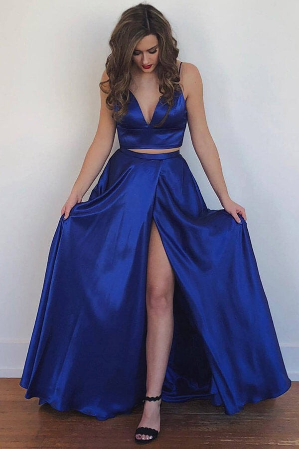 Two Piece Royal Blue Prom Dresses With ...